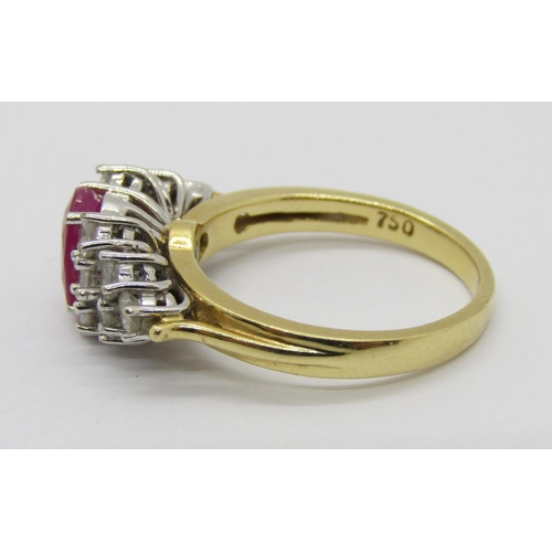 384 - 18ct oval ruby and stepped diamond cluster cocktail ring, maker 'CJW', Sheffield, size N/O, 6.4g