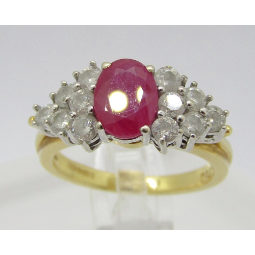 384 - 18ct oval ruby and stepped diamond cluster cocktail ring, maker 'CJW', Sheffield, size N/O, 6.4g