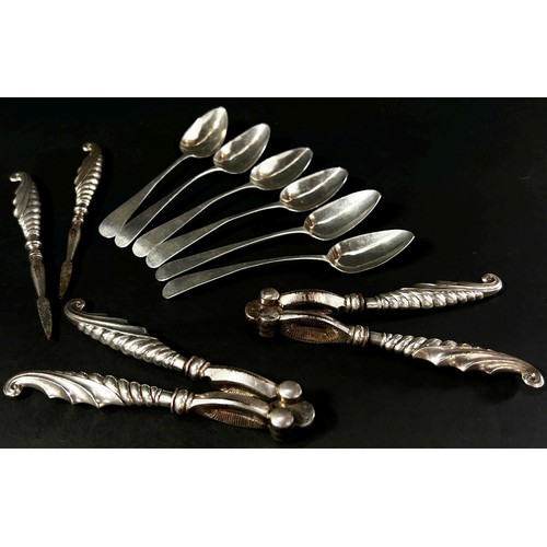 205 - A silver pepper pot, six Georgian silver coffee spoons, a pair of silver Walker Hall nut crackers an... 