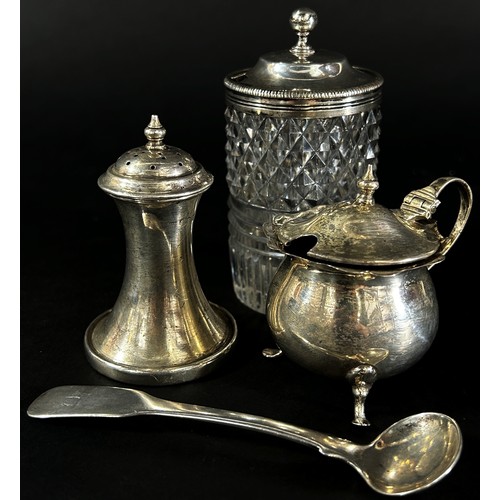 205 - A silver pepper pot, six Georgian silver coffee spoons, a pair of silver Walker Hall nut crackers an... 