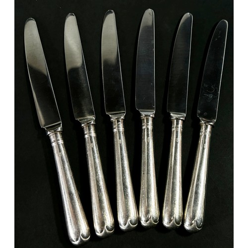 214 - Six silver handled main knives and six side knives to match, Sheffield 1985, maker Strickett & Loder... 