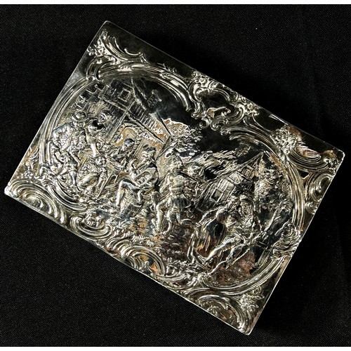 224 - A Victorian continental silver embossed box with a tavern scene to the lid Chester 1898 bearing an i... 