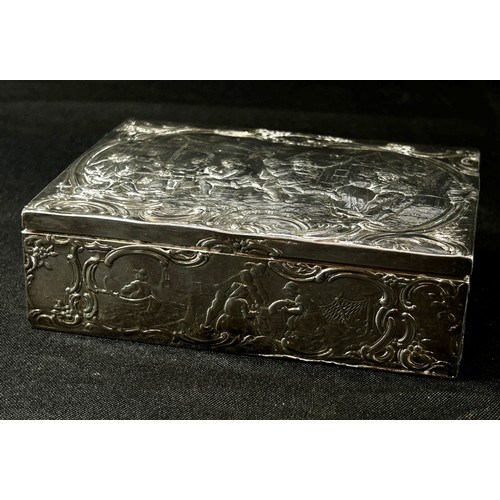 224 - A Victorian continental silver embossed box with a tavern scene to the lid Chester 1898 bearing an i... 