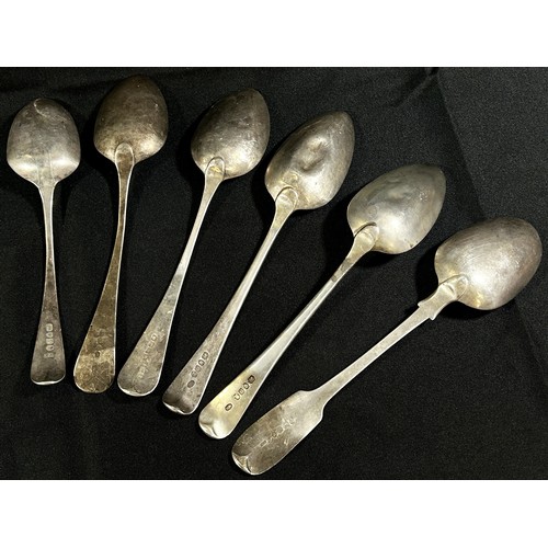 230 - Six silver Georgian serving spoons, two teaspoons and a mustard spoon, all with dents or mis-shaped,... 