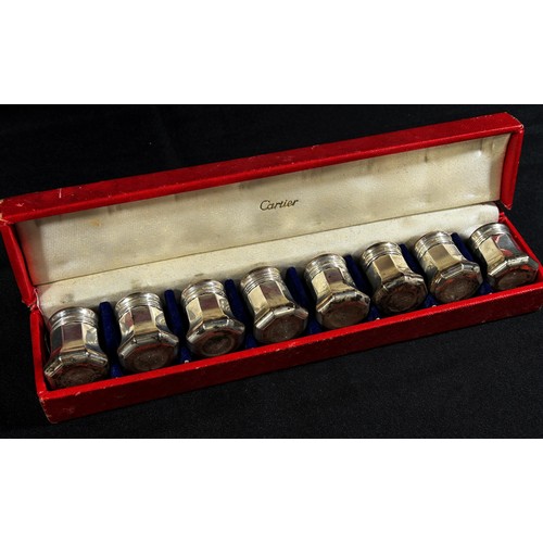 241 - Eight silver Cartier miniature salt and pepper pots stamped Cartier silver to the base, in their ori... 