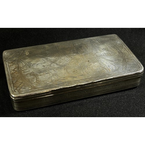 247 - A Dutch silver tobacco box, hallmarks rubbed with feint engraved harbour scene to the lid and base, ... 