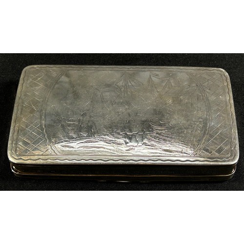 247 - A Dutch silver tobacco box, hallmarks rubbed with feint engraved harbour scene to the lid and base, ... 