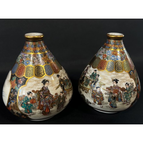 44 - A pair of small, good quality satsuma vases cylindrical tapering tear shape form, each decorated wit... 