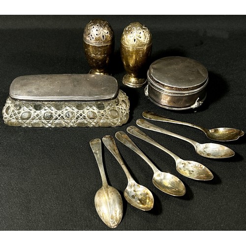 254 - A cased silver sugar bowl, jug and tong, a cased condiment set, a ladle, salt and pepper pots, a cas... 