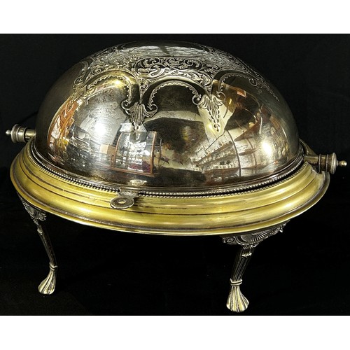 191 - A silver plated meat warmer with a fold over cover, a dish, and four assorted silver plated tureens,... 