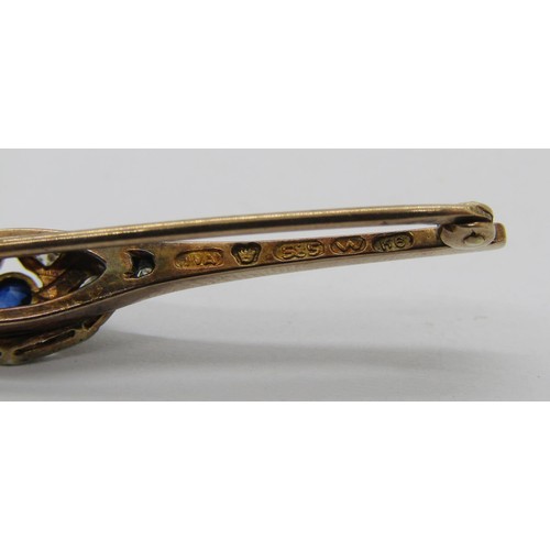 275 - Art Deco 14ct sapphire and diamond bar brooch, possibly Russian, stamped 'JVA 585 W K6', 5.8cm W app... 