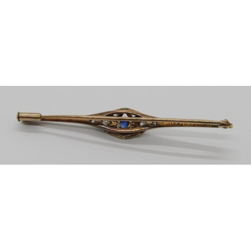 275 - Art Deco 14ct sapphire and diamond bar brooch, possibly Russian, stamped 'JVA 585 W K6', 5.8cm W app... 