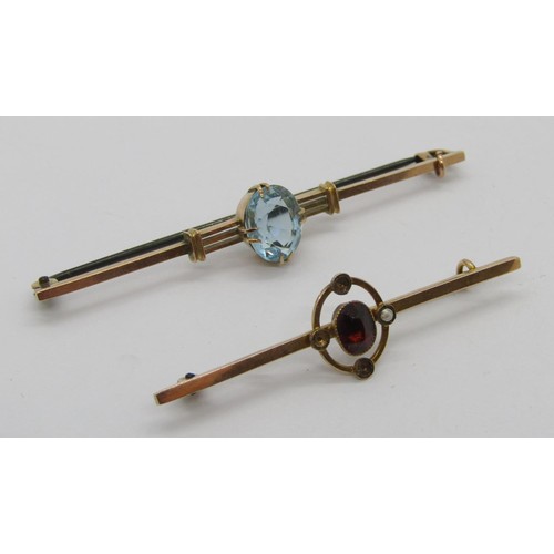 277 - Edwardian 9ct garnet and seed pearl bar brooch (3 of 4 seed pearls vacant) and a similar claw set bl... 