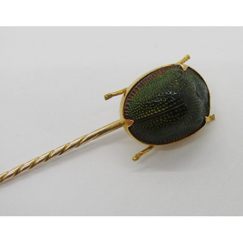 284 - Antique Egyptian Revival yellow metal scarab beetle stick pin, 2.2g