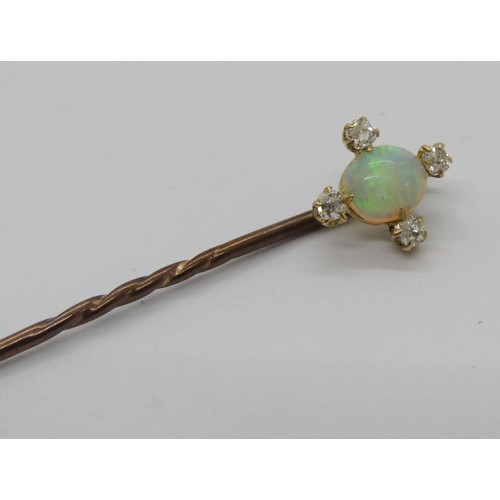 290 - Antique yellow metal opal and quatrefoil diamond stick pin, 0.8g