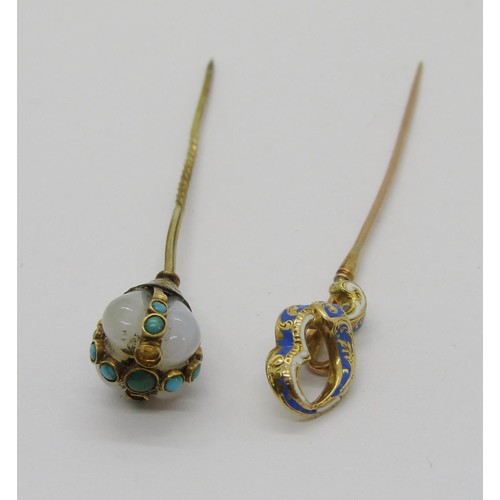 291 - Two 19th century yellow metal stick pins; a chalcedony and turquoise example (2 turquoise vacant) an... 