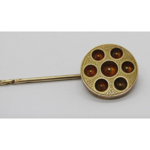 293 - Victorian yellow metal Celtic style shield stick pin, 8cm L approx, 2.7g