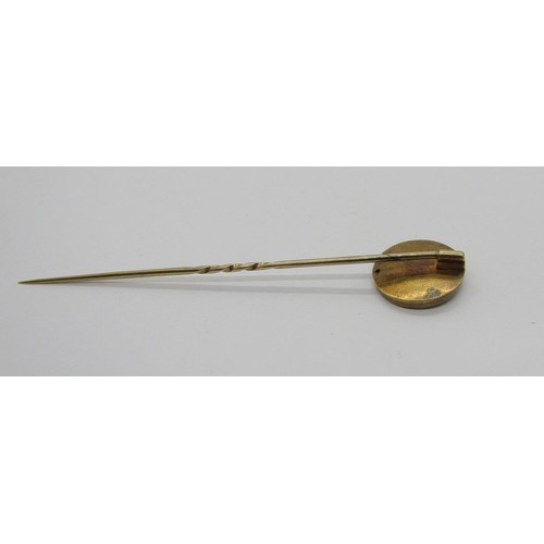 293 - Victorian yellow metal Celtic style shield stick pin, 8cm L approx, 2.7g