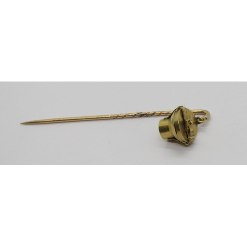 296 - 19th century novelty yellow metal mourning stick pin in the form of a hinged top hat box, 4g