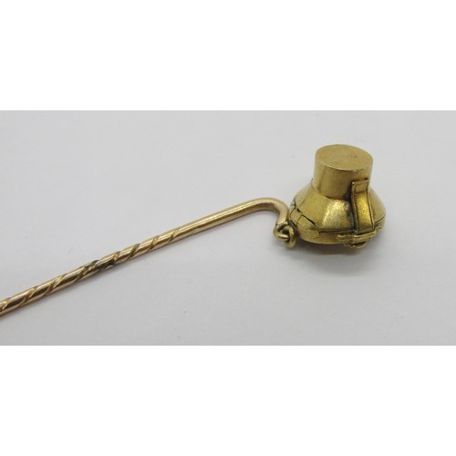 296 - 19th century novelty yellow metal mourning stick pin in the form of a hinged top hat box, 4g