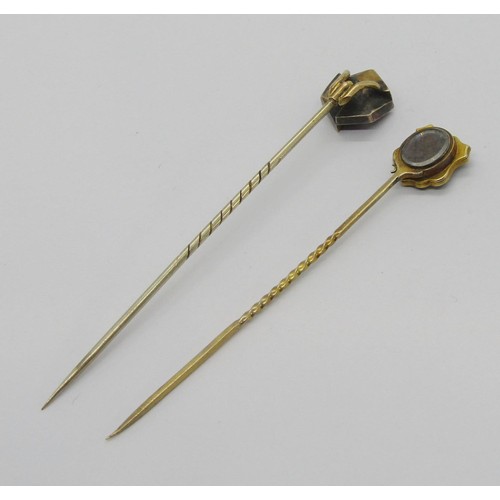 298 - Victorian yellow metal mourning stick pin with black enamel terminal with rose-cut diamond set forge... 