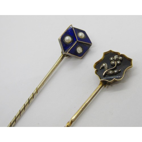 298 - Victorian yellow metal mourning stick pin with black enamel terminal with rose-cut diamond set forge... 