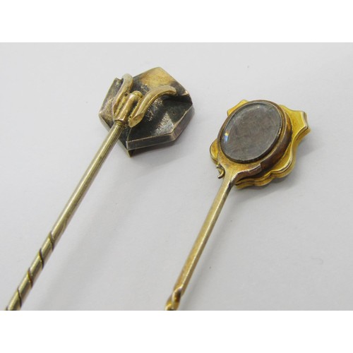 298 - Victorian yellow metal mourning stick pin with black enamel terminal with rose-cut diamond set forge... 