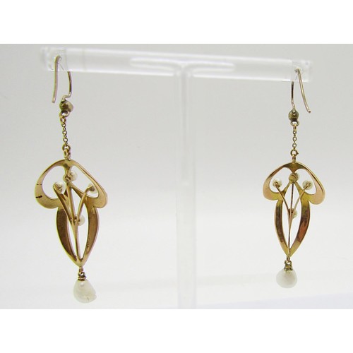 301 - Pair of Art Nouveau 14k seed and baroque pearl drop earrings, 6cm L approx, 4.9g (a few seed pearls ... 