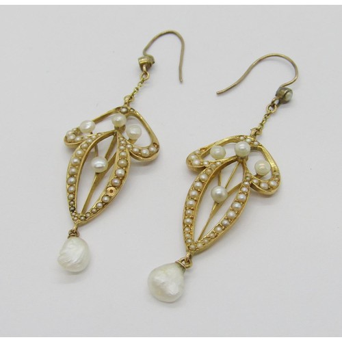 301 - Pair of Art Nouveau 14k seed and baroque pearl drop earrings, 6cm L approx, 4.9g (a few seed pearls ... 