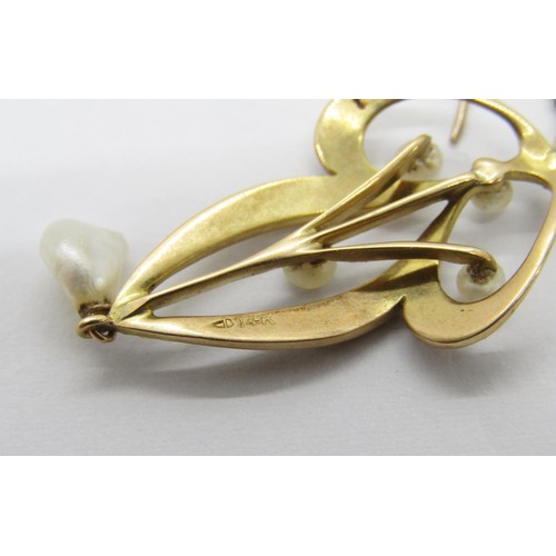 301 - Pair of Art Nouveau 14k seed and baroque pearl drop earrings, 6cm L approx, 4.9g (a few seed pearls ... 