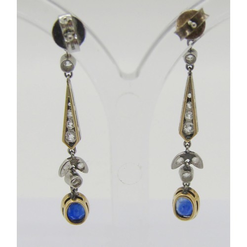 302 - Pair of Art Deco bi-colour metal drop earrings set with sapphires and diamonds, 3.5cm L approx, 2.7g... 