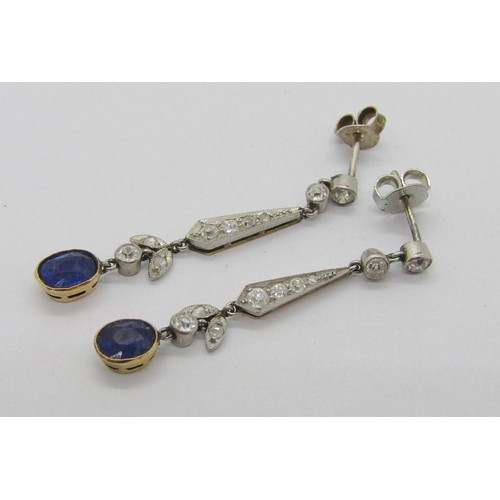 302 - Pair of Art Deco bi-colour metal drop earrings set with sapphires and diamonds, 3.5cm L approx, 2.7g... 