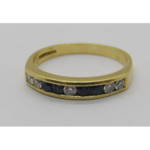 307 - 18ct channel set sapphire and diamond ring, size O/P, 3.5g