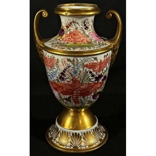 70 - An early 19th century porcelain oviform vase with open scrolled handles, hand painted detail showing... 