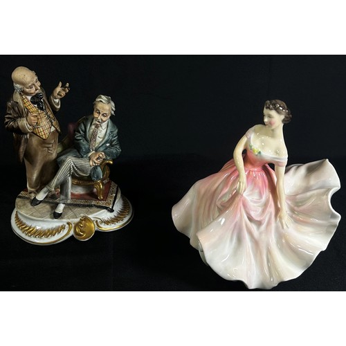 119 - A group of porcelain figures to include three Lladro/Nao examples, A Royal Doulton Lady ‘The Polka’ ... 