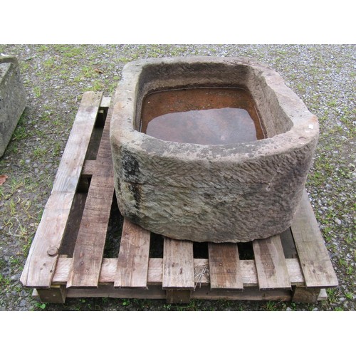 1014 - A weathered carved natural stone rectangular trough with rounded end and corners, 40 cm (full height... 