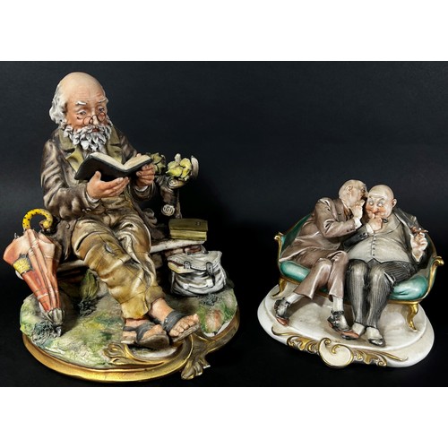 62 - Three Capodimonte figure groups: 'The Gossips' and an old man reading together with one other (3)