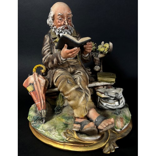 62 - Three Capodimonte figure groups: 'The Gossips' and an old man reading together with one other (3)