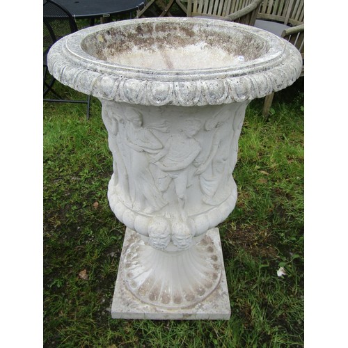 1019 - A large painted cast composition stone campana shaped garden urn with flared egg and dart rim, lobed... 