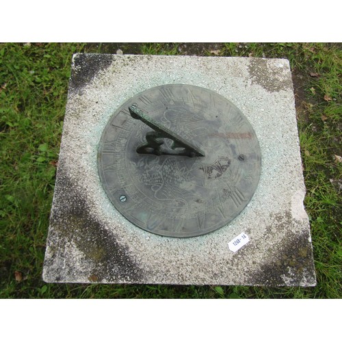 1022 - A garden sun dial, the weathered (verdigris) circular dial with pierced gnomon set on a square cap, ... 