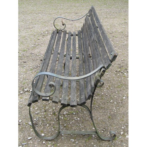 1024 - A vintage sprung steel garden bench with wooden slatted seat and combined back, 183 cm (6ft) long