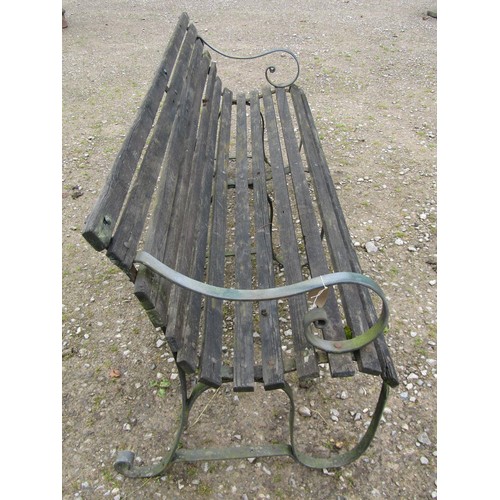 1024 - A vintage sprung steel garden bench with wooden slatted seat and combined back, 183 cm (6ft) long