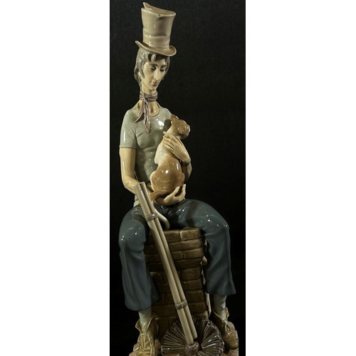 57 - A large Lladro figure of a chimney sweep seated upon a chimney stack holding a cat 'Sad Chimney Swee... 