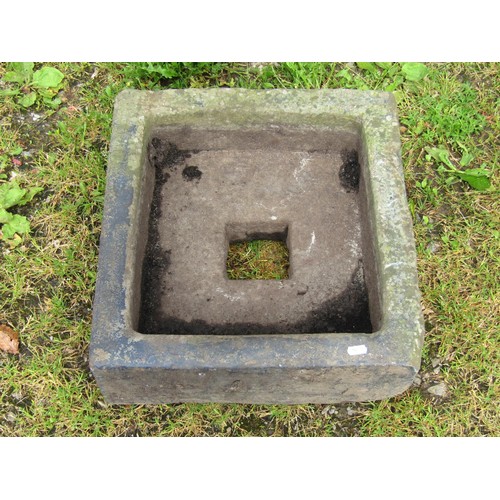 1073 - A square shallow but thick walled carved natural stone trough/drain cover, 15 cm high x 48 cm square... 