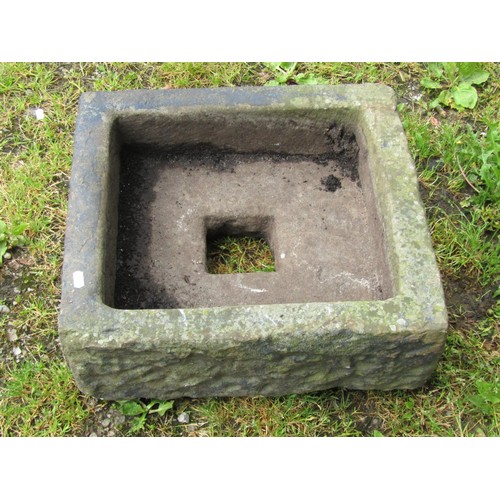 1073 - A square shallow but thick walled carved natural stone trough/drain cover, 15 cm high x 48 cm square... 