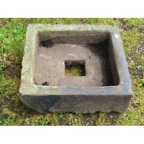 1073 - A square shallow but thick walled carved natural stone trough/drain cover, 15 cm high x 48 cm square... 