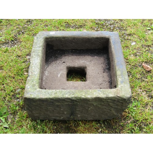 1073 - A square shallow but thick walled carved natural stone trough/drain cover, 15 cm high x 48 cm square... 