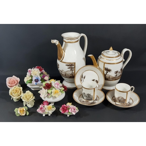 63 - A group of continental porcelain tea and coffee wares with Grisi panels together with further Crown ... 