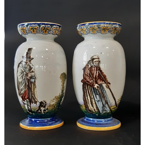 107 - A pair of 19th century French oviform vases showing medieval travellers, within blue and yellow grou... 