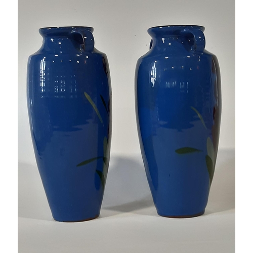 9 - A tall pair of Torquay studio ware ‘Lemon and Crute’ iris vases of tapering form with scrolled ring ... 